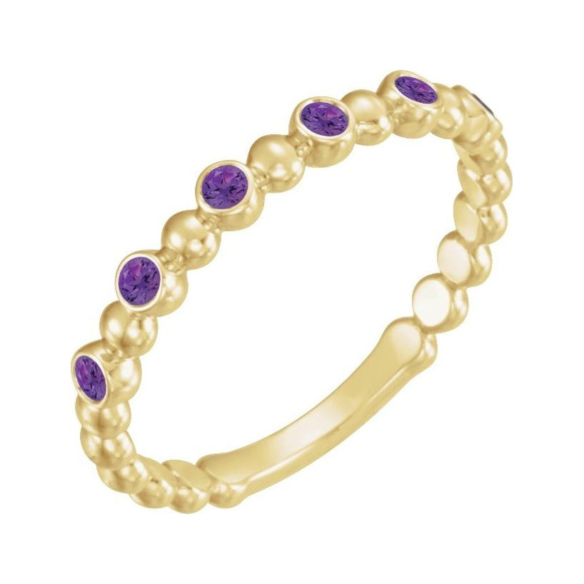 Sapphire Row Natural Gemstone Bezel Bead Stacking Ring - Amethyst, 14K Yellow Gold