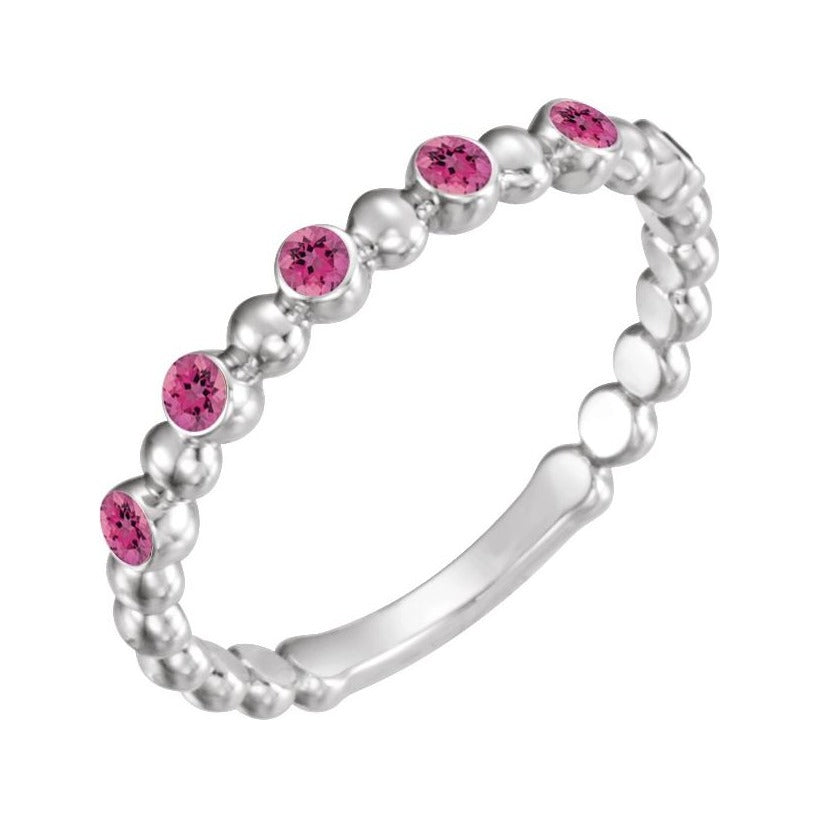 Sapphire Row Natural Gemstone Bezel Bead Stacking Ring - Pink Tourmaline, Platinum