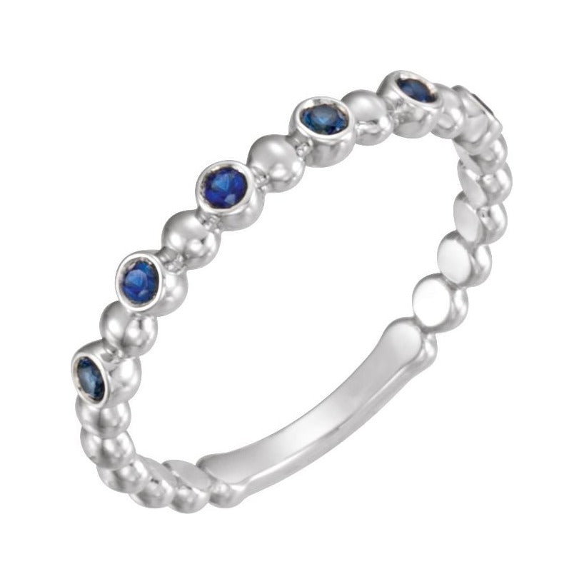Sapphire Row Natural Gemstone Bezel Bead Stacking Ring - Blue Sapphire, Platinum