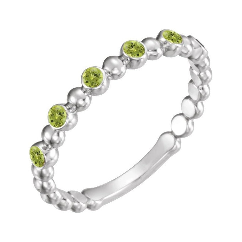 Sapphire Row Natural Gemstone Bezel Bead Stacking Ring - Peridot, 14K White Gold