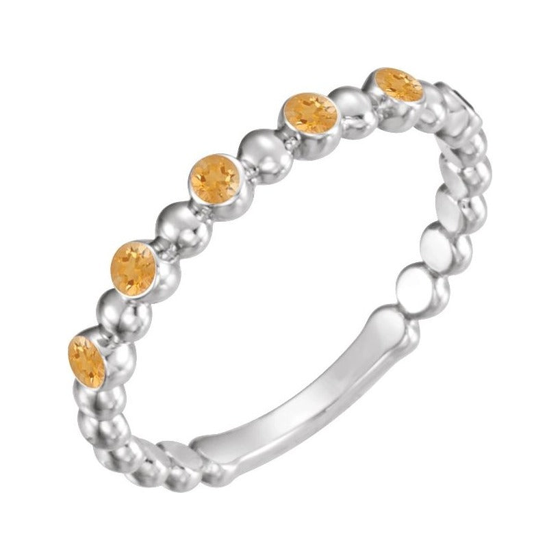 Sapphire Row Natural Gemstone Bezel Bead Stacking Ring - Citrine, Platinum