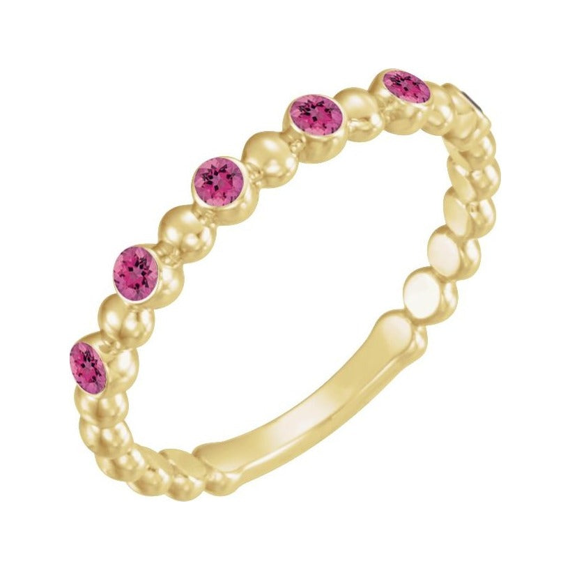 Sapphire Row Natural Gemstone Bezel Bead Stacking Ring - Pink Tourmaline, 14K Yellow Gold