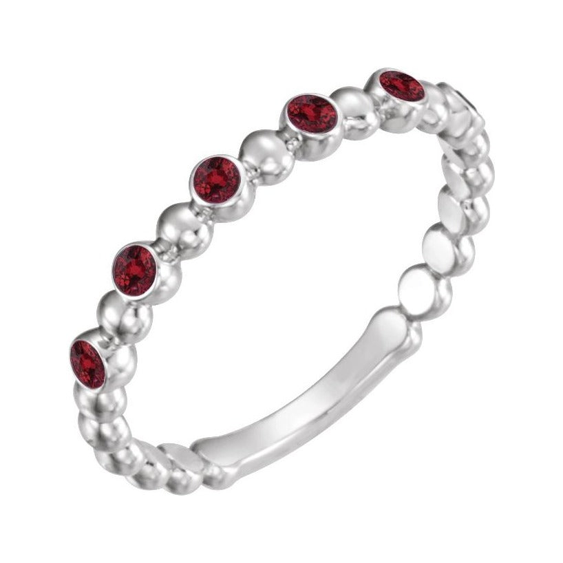 Sapphire Row Natural Gemstone Bezel Bead Stacking Ring - Ruby, 14K White Gold
