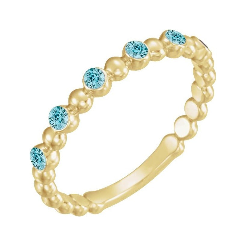 Sapphire Row Natural Gemstone Bezel Bead Stacking Ring - Blue Zircon, 14K Yellow Gold