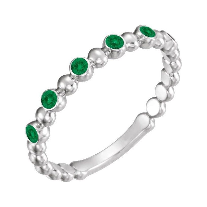 Sapphire Row Lab-Grown Gemstone Bezel Bead Stacking Ring - Emerald, 14K White Gold