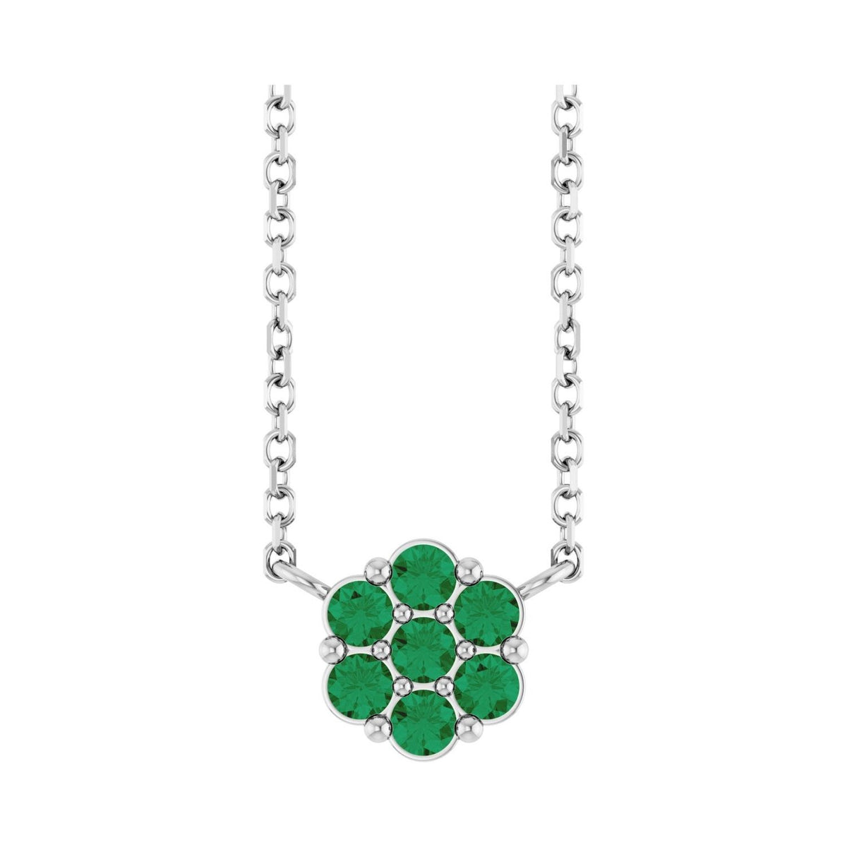 Sapphire Row Natural Gemstone Flower Cluster Necklace - Emerald, 14K White Gold