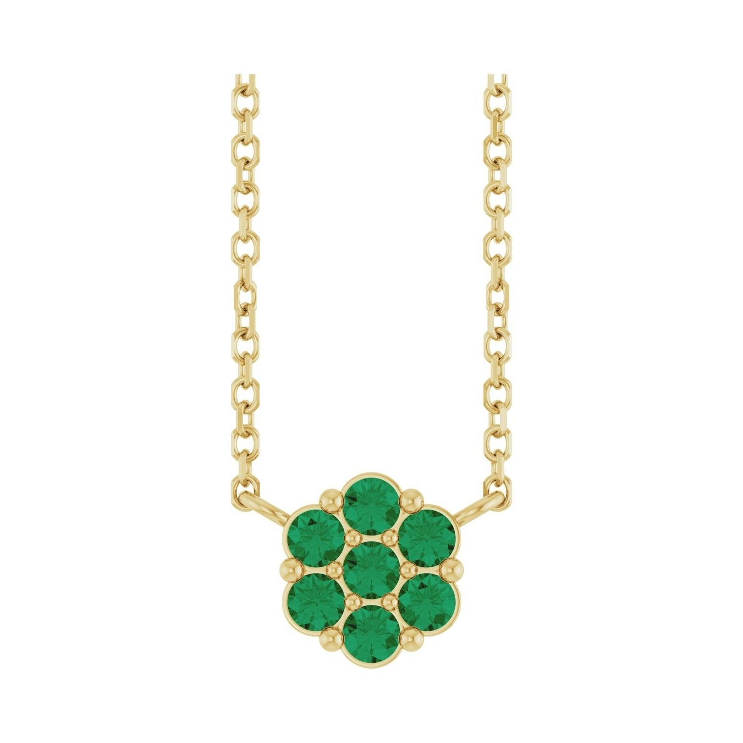 Sapphire Row Natural Gemstone Flower Cluster Necklace - Emerald, 14K Yellow Gold