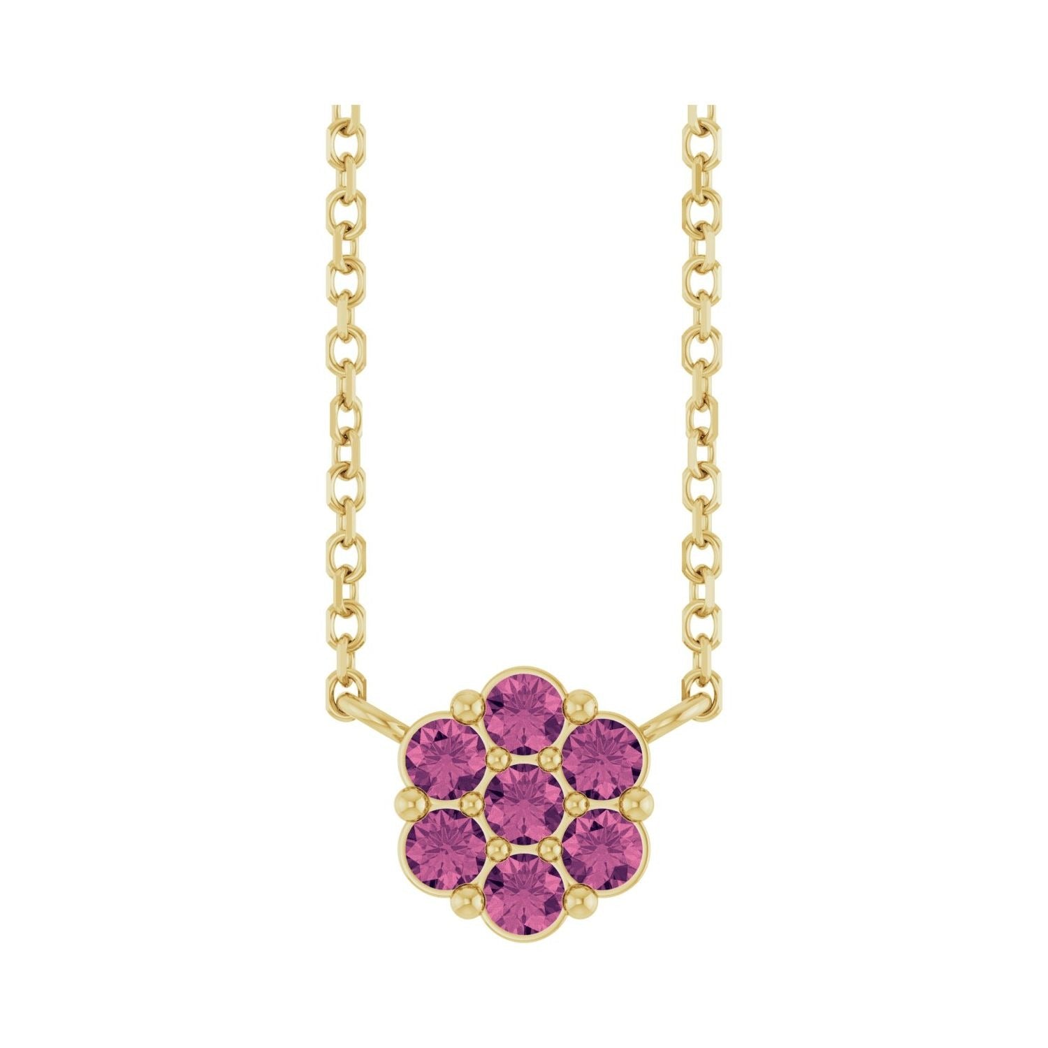 Sapphire Row Natural Gemstone Flower Cluster Necklace - Pink Tourmaline, 14K Yellow Gold