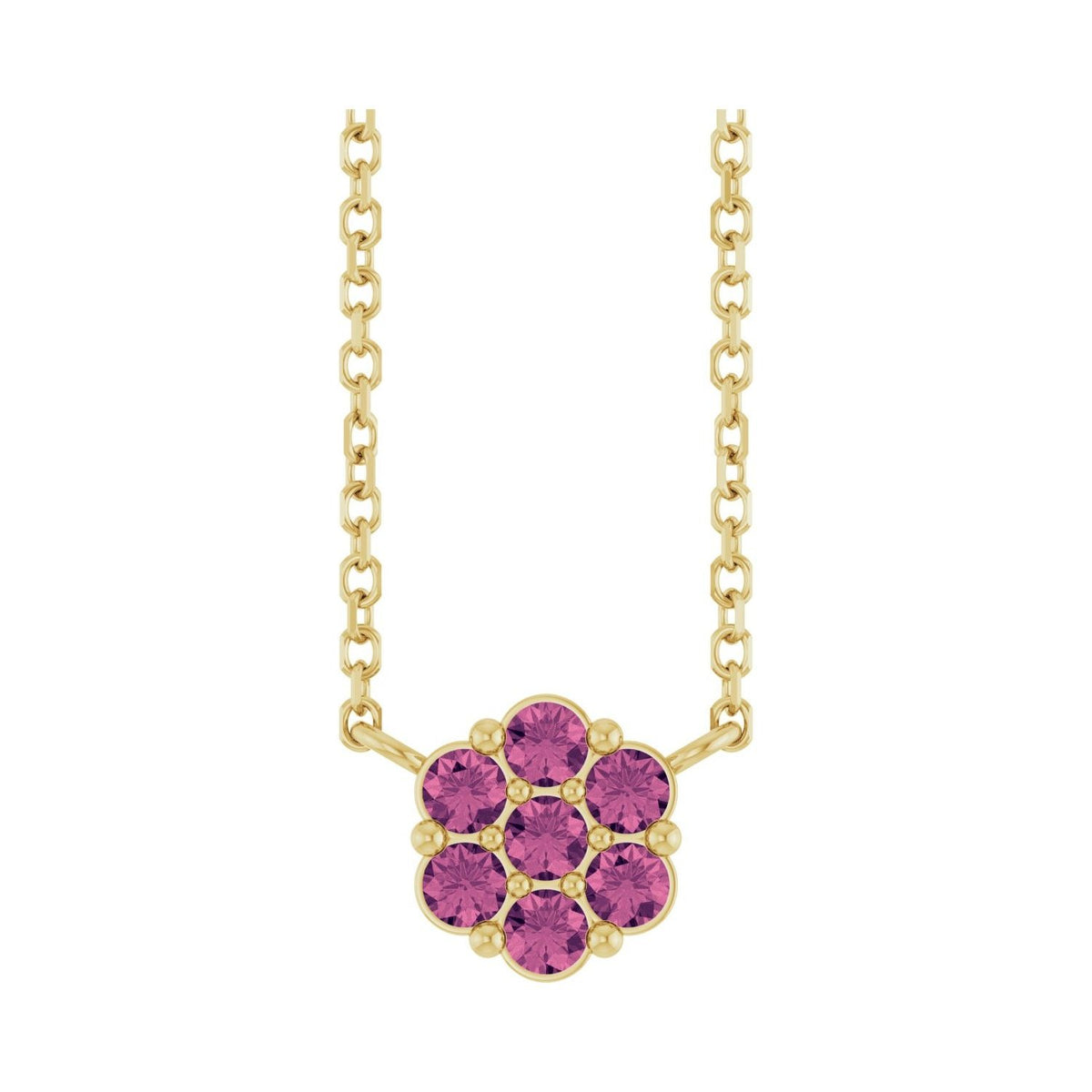 Sapphire Row Natural Gemstone Flower Cluster Necklace - Pink Tourmaline, 14K Yellow Gold