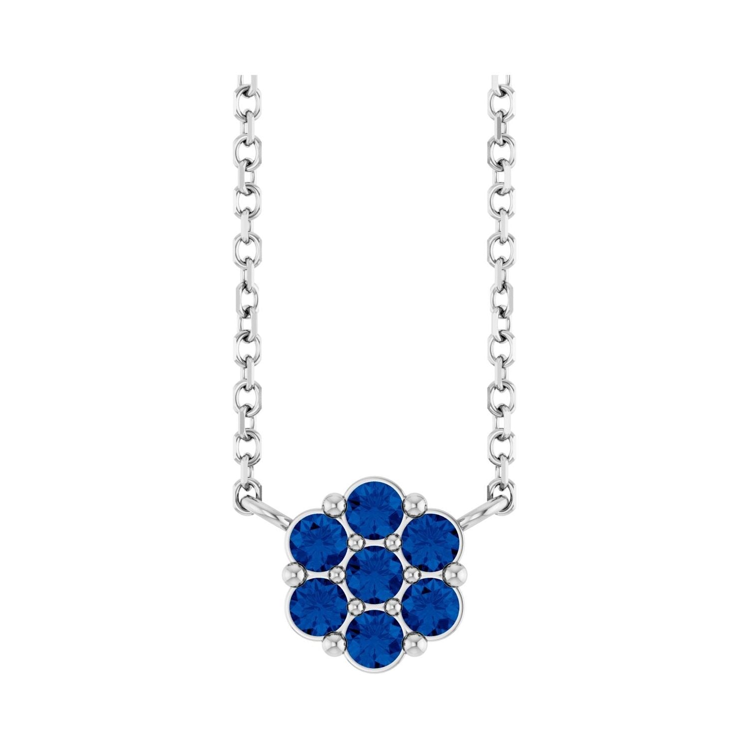 Sapphire Row Natural Gemstone Flower Cluster Necklace - Blue Sapphire, 14K White Gold