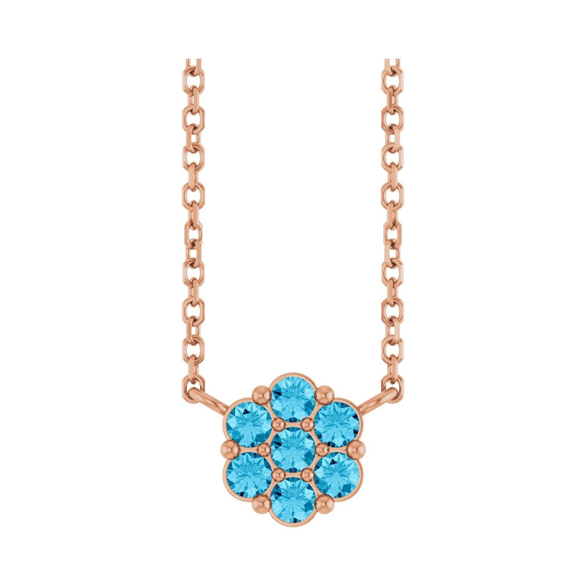 Sapphire Row Natural Gemstone Flower Cluster Necklace - Aquamarine, 14K Rose Gold