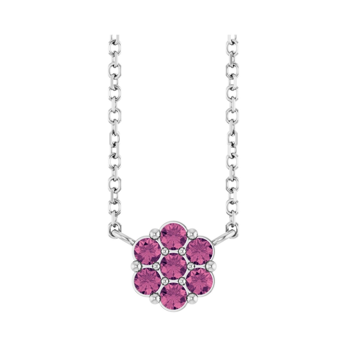 Sapphire Row Natural Gemstone Flower Cluster Necklace - Pink Tourmaline, Platinum