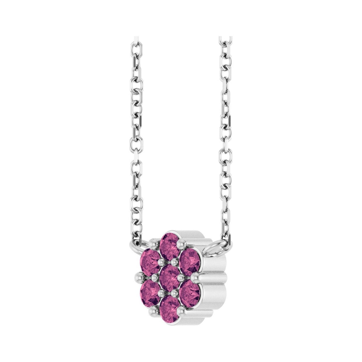 Sapphire Row Natural Gemstone Flower Cluster Necklace - Pink Tourmaline, Platinum (view 2)