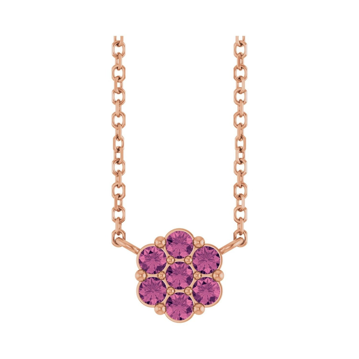 Sapphire Row Natural Gemstone Flower Cluster Necklace - Pink Tourmaline, 14K Rose Gold