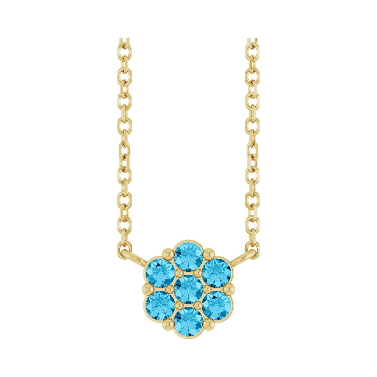 Sapphire Row Natural Gemstone Flower Cluster Necklace - Aquamarine, 14K Yellow Gold