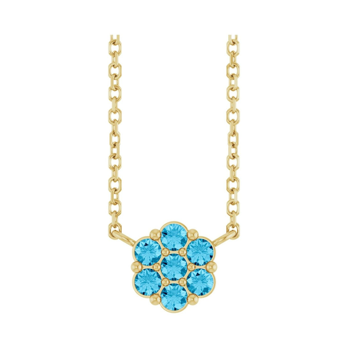 Sapphire Row Natural Gemstone Flower Cluster Necklace - Aquamarine, 14K Yellow Gold