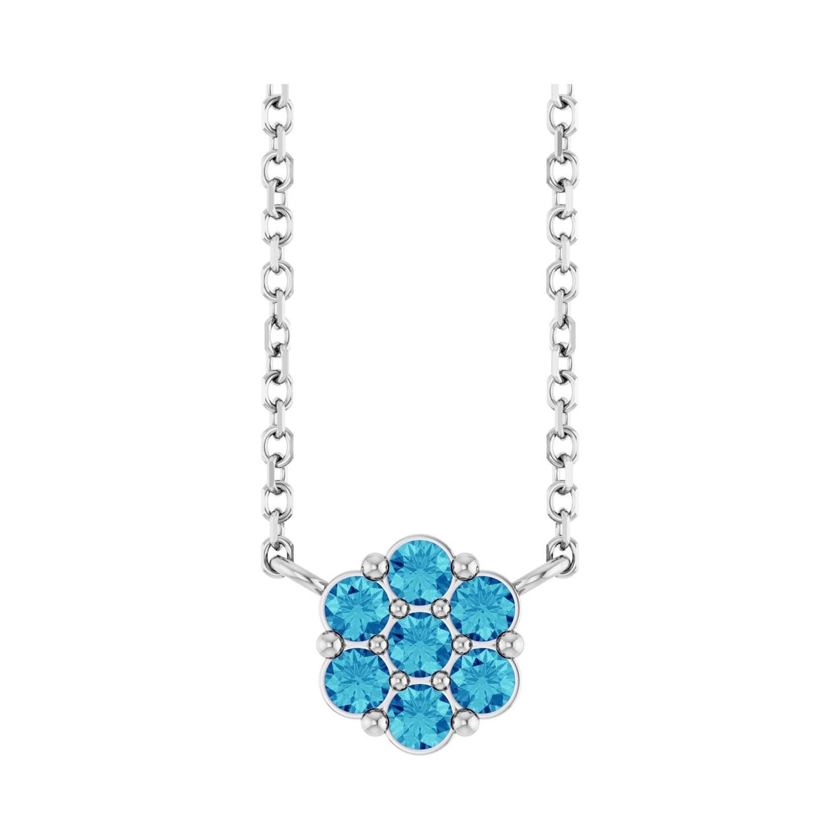 Sapphire Row Natural Gemstone Flower Cluster Necklace - Blue Zircon, 14K White Gold