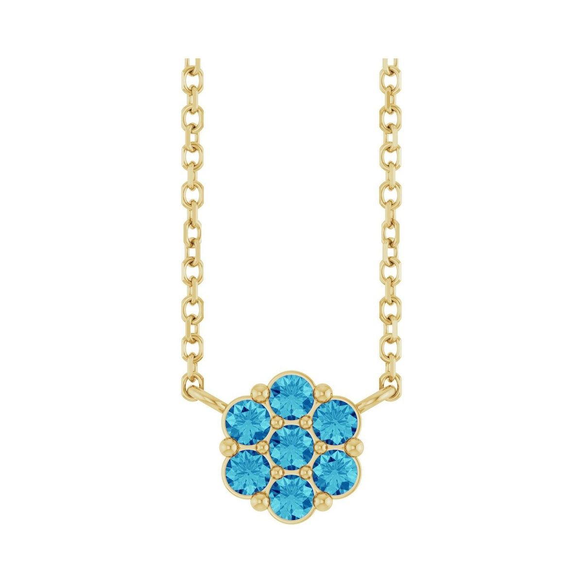 Sapphire Row Natural Gemstone Flower Cluster Necklace - Blue Zircon, 14K Yellow Gold