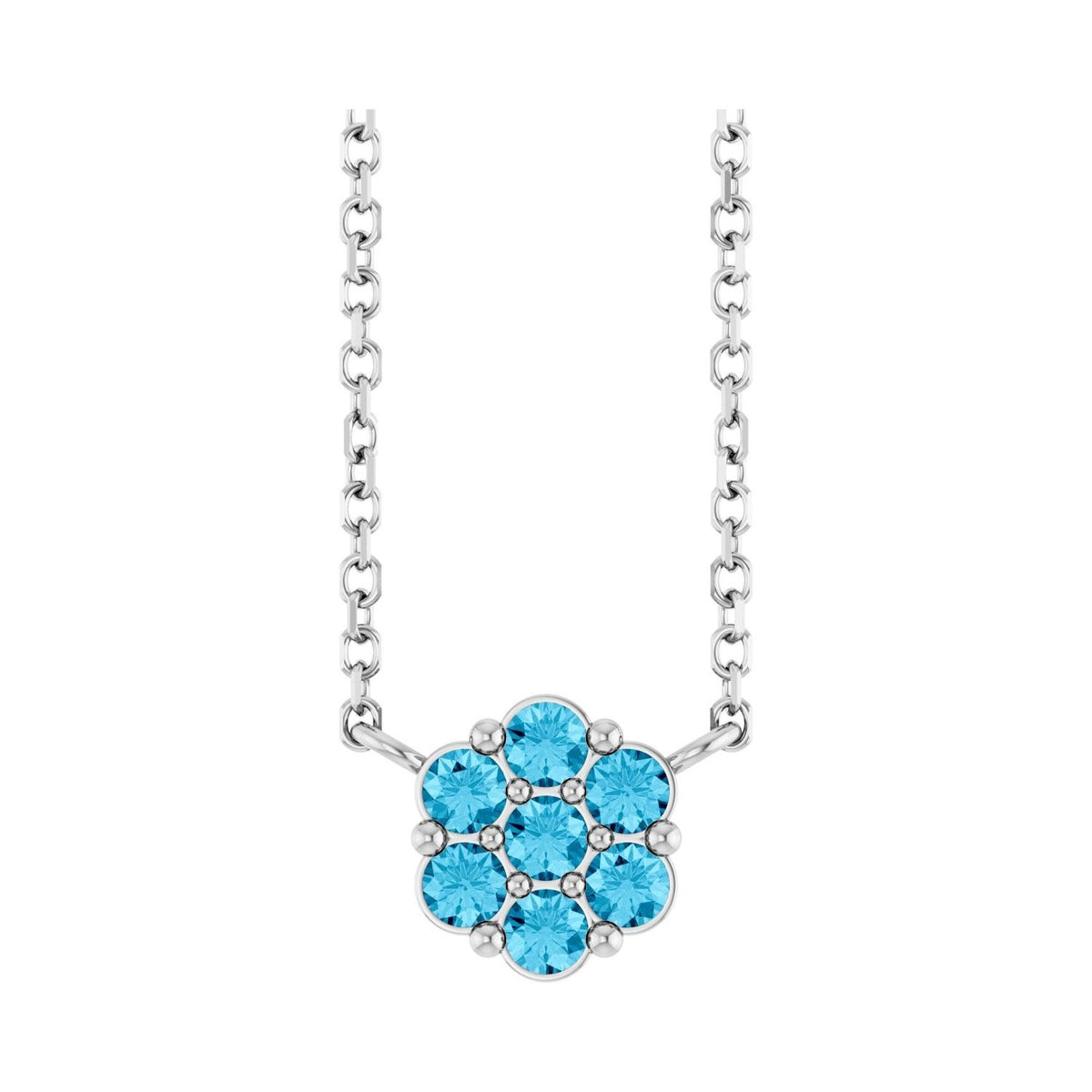 Sapphire Row Natural Gemstone Flower Cluster Necklace - Aquamarine, 14K White Gold