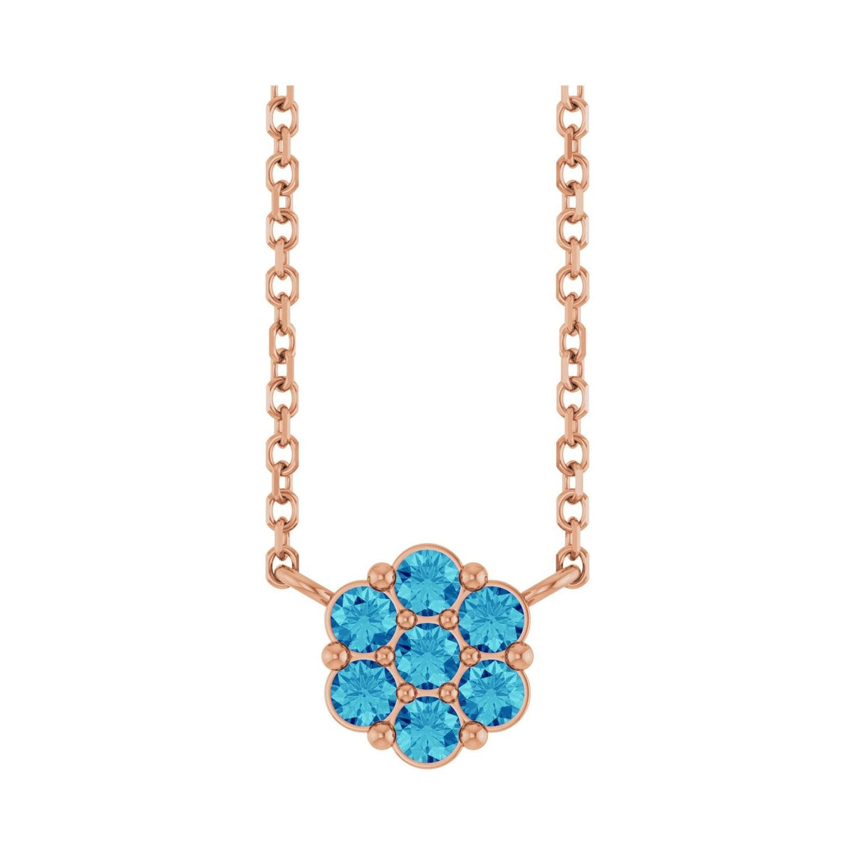 Sapphire Row Natural Gemstone Flower Cluster Necklace - Blue Zircon, 14K Rose Gold
