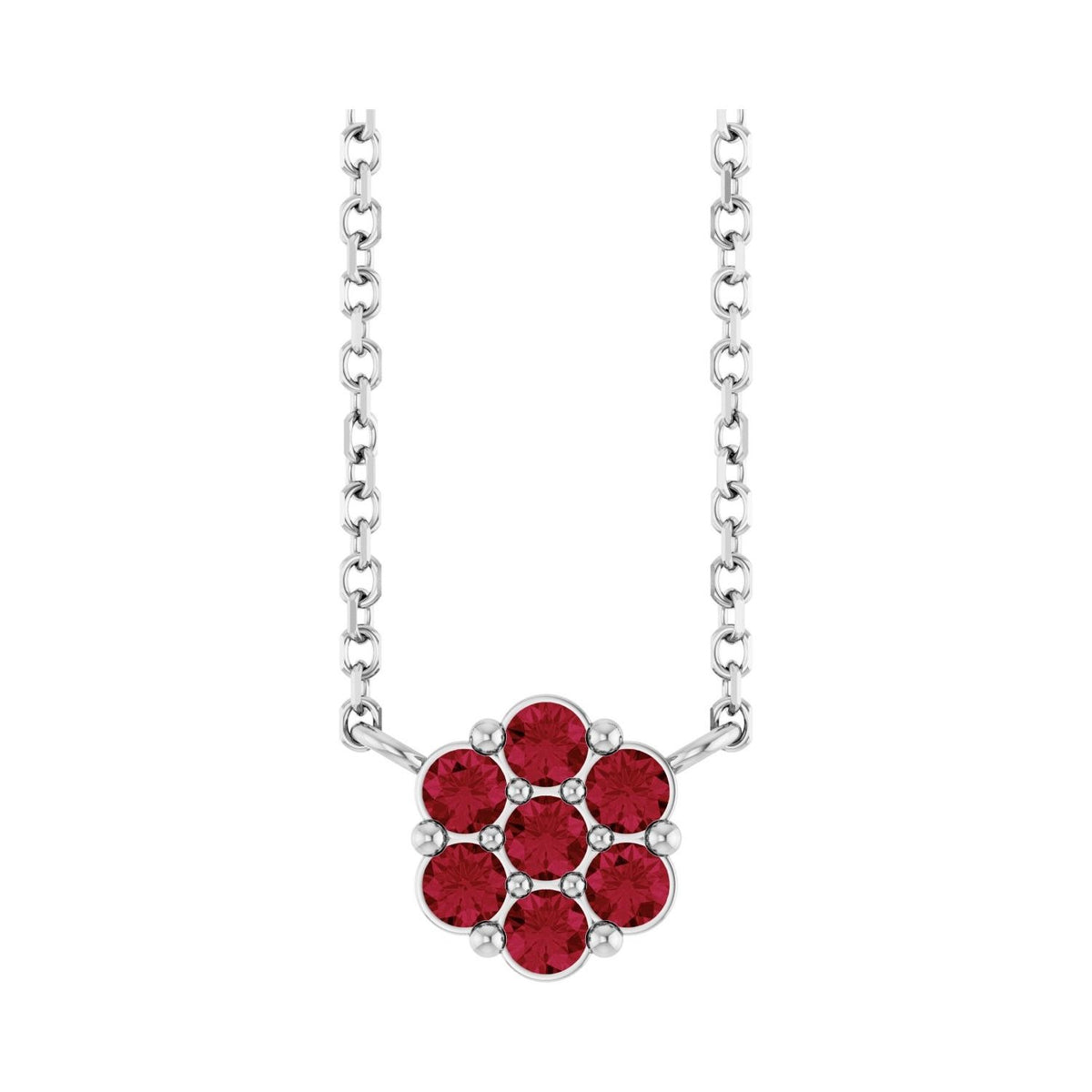 Sapphire Row Natural Gemstone Flower Cluster Necklace - Ruby, 14K White Gold