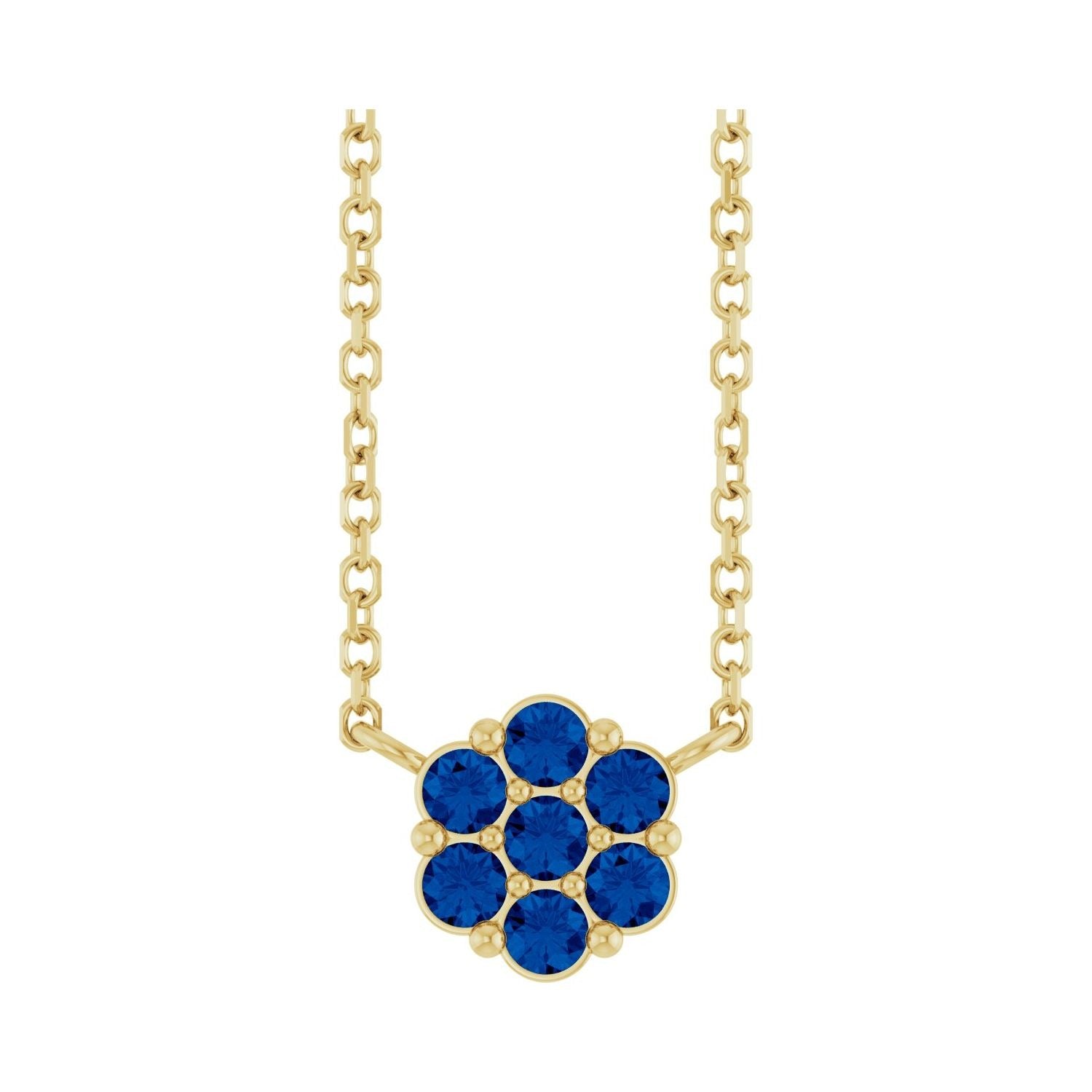 Sapphire Row Lab-Grown Gemstone Flower Cluster Necklace - Blue Sapphire, 14K Yellow Gold