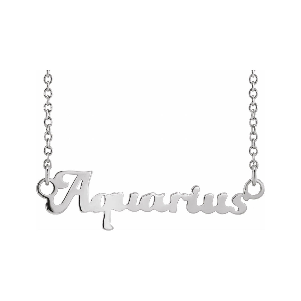 Sapphire Row Gold Script Zodiac Necklace - 14K White Gold, Aquarius