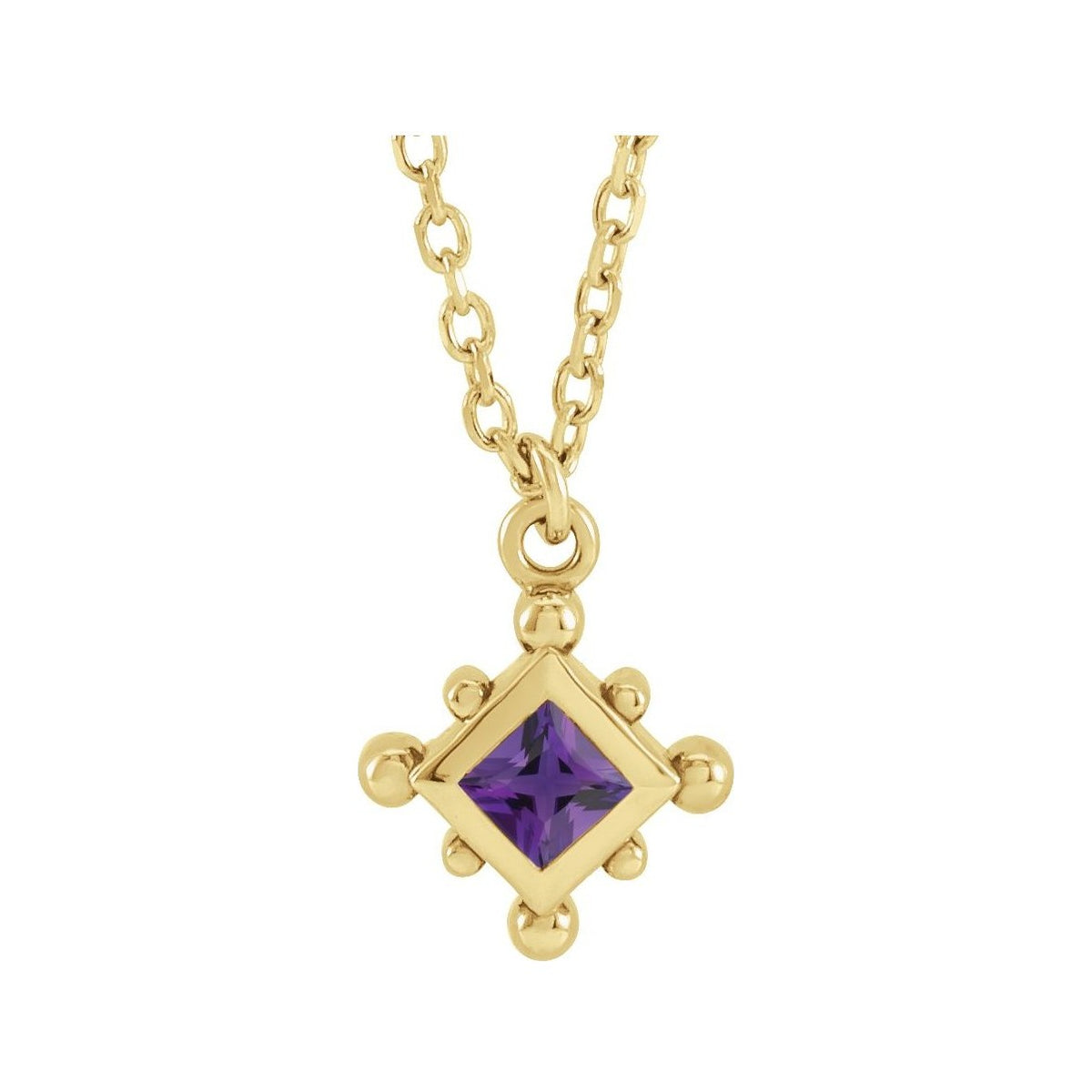 Sapphire Row Natural Gemstone Beaded Princess Bezel Necklace - Amethyst, 14K Yellow Gold
