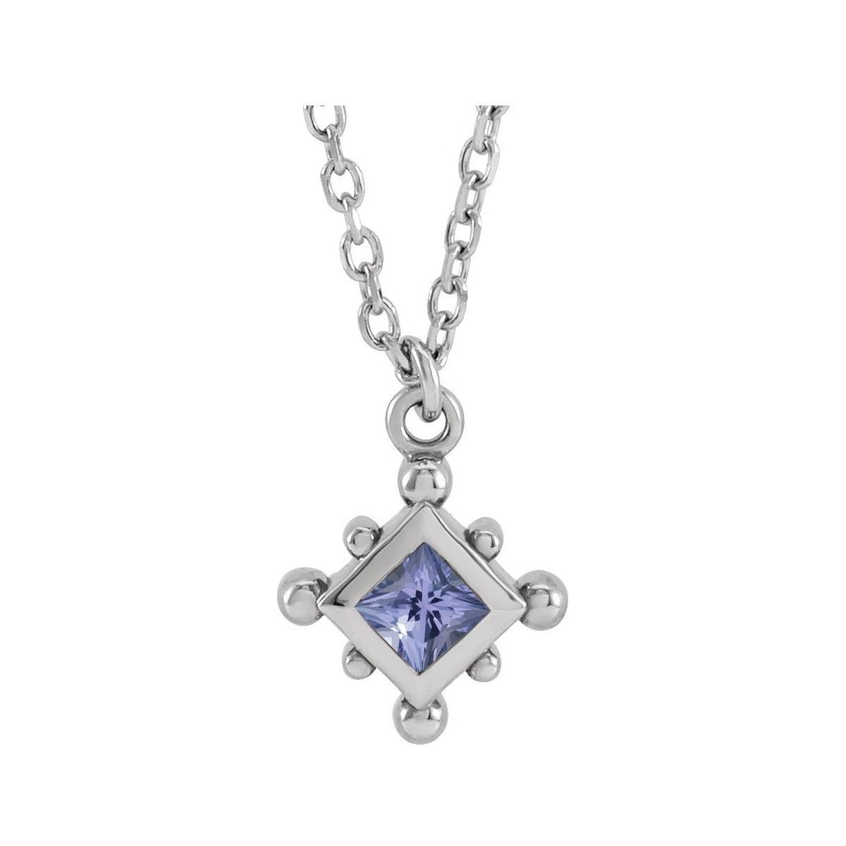 Sapphire Row Natural Gemstone Beaded Princess Bezel Necklace - Tanzanite, 14K White Gold