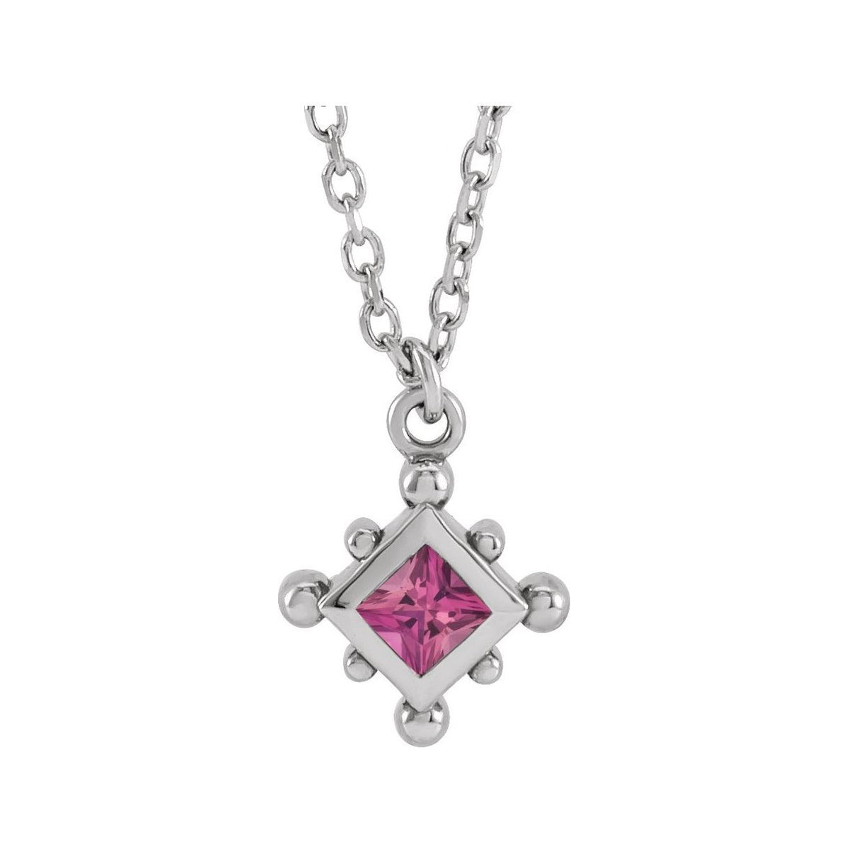 Sapphire Row Natural Gemstone Beaded Princess Bezel Necklace - Pink Tourmaline, 14K White Gold