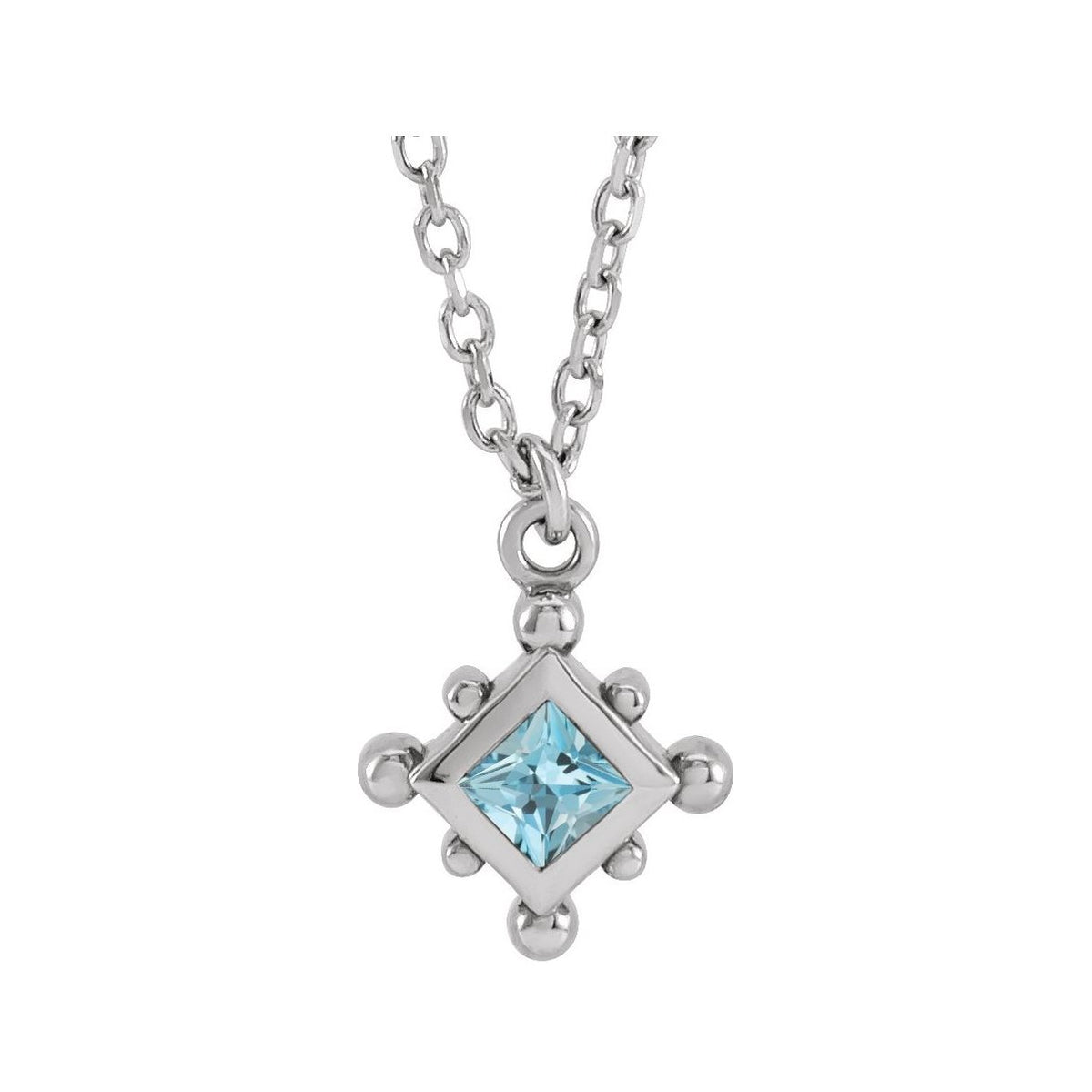 Sapphire Row Natural Gemstone Beaded Princess Bezel Necklace - Aquamarine, 14K White Gold