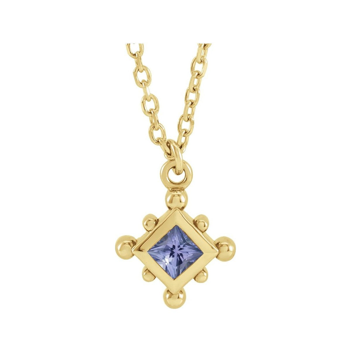 Sapphire Row Natural Gemstone Beaded Princess Bezel Necklace - Tanzanite, 14K Yellow Gold