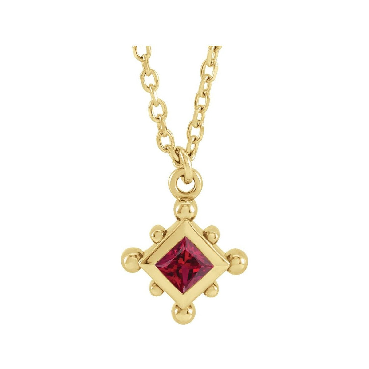 Sapphire Row Natural Gemstone Beaded Princess Bezel Necklace - Ruby, 14K Yellow Gold