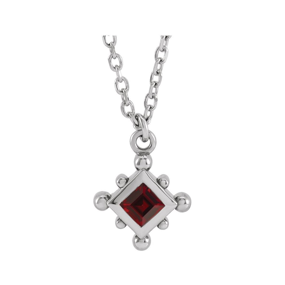 Sapphire Row Natural Gemstone Beaded Princess Bezel Necklace - Mozambique Garnet, 14K White Gold