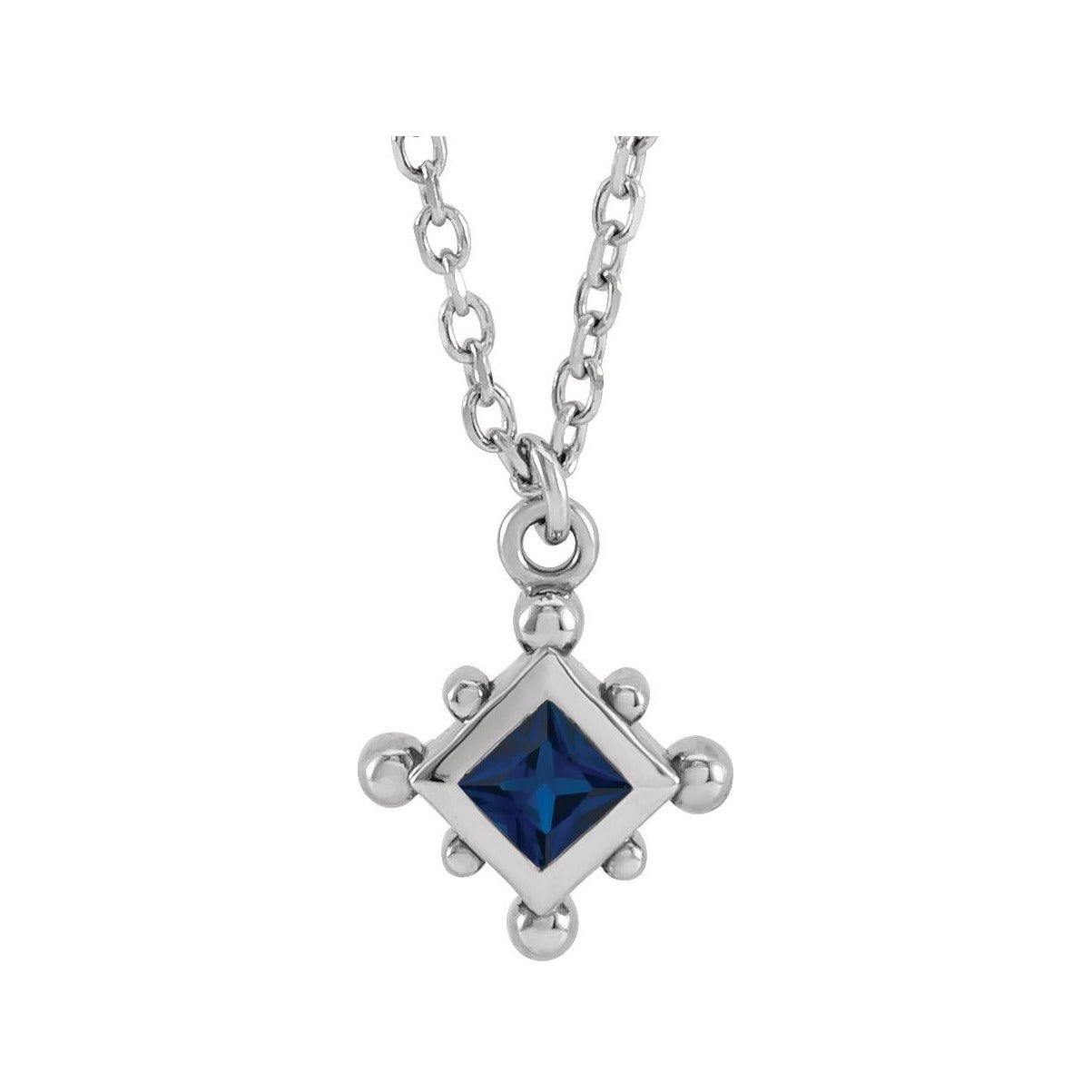 Sapphire Row Natural Gemstone Beaded Princess Bezel Necklace - Blue Sapphire, 14K White Gold