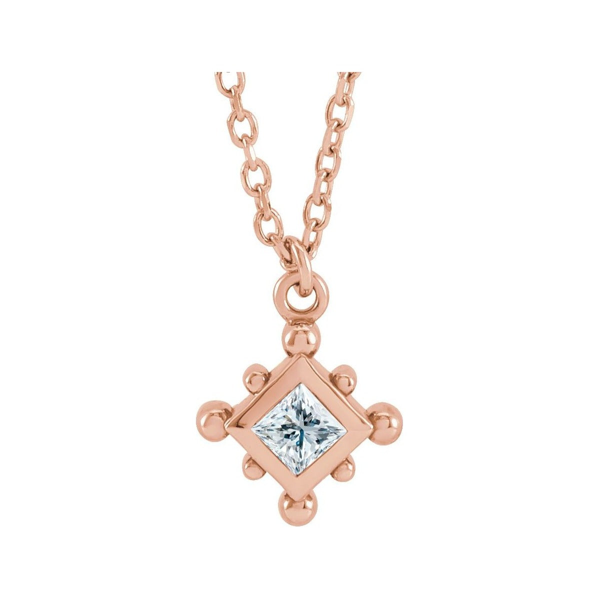Sapphire Row Natural Gemstone Beaded Princess Bezel Necklace - Diamond, 14K Rose Gold