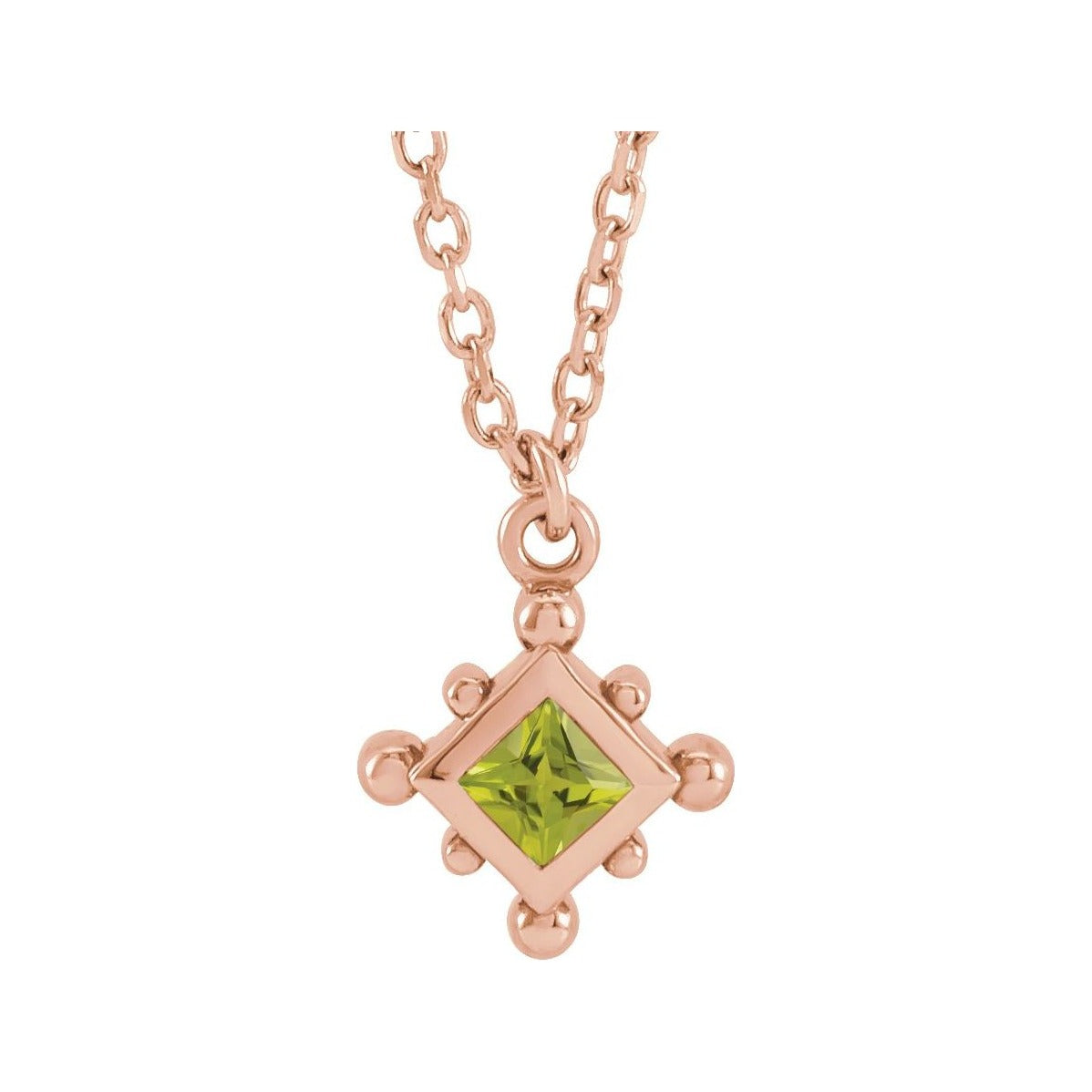 Sapphire Row Natural Gemstone Beaded Princess Bezel Necklace - Peridot, 14K Rose Gold