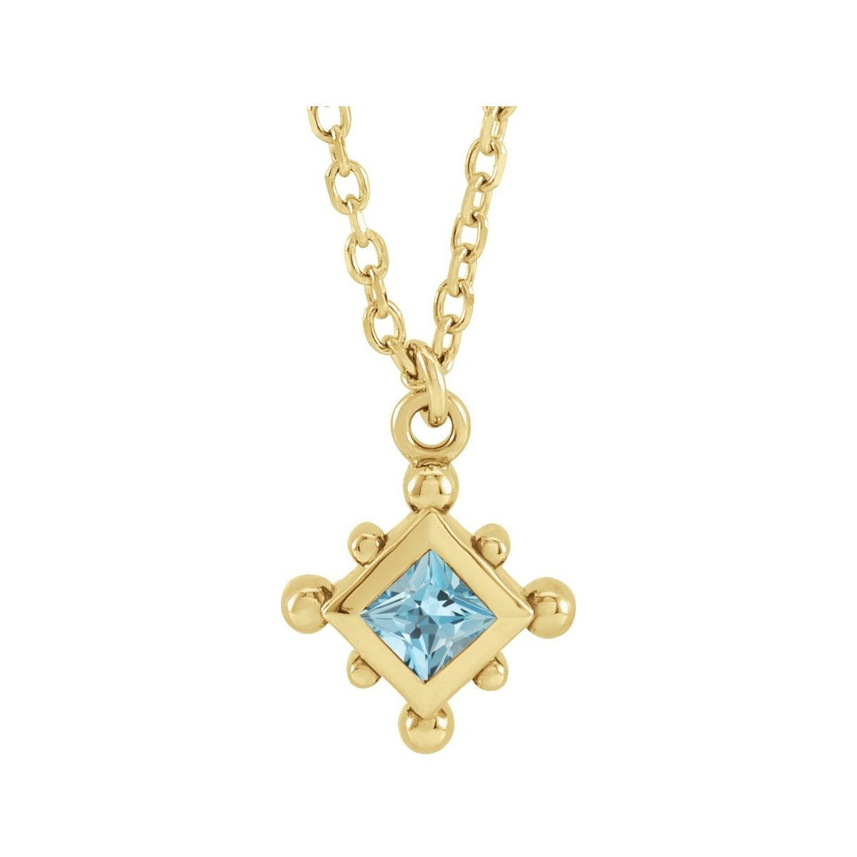 Sapphire Row Natural Gemstone Beaded Princess Bezel Necklace - Aquamarine, 14K Yellow Gold