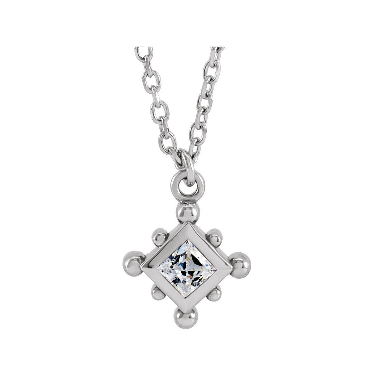 Sapphire Row Natural Gemstone Beaded Princess Bezel Necklace - White Sapphire, 14K White Gold