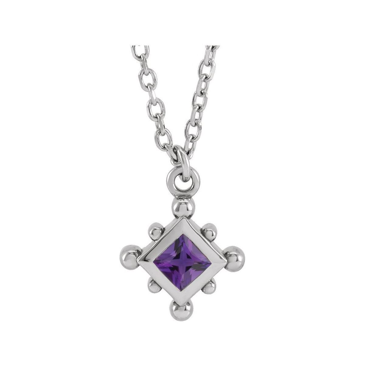Sapphire Row Natural Gemstone Beaded Princess Bezel Necklace - Amethyst, 14K White Gold