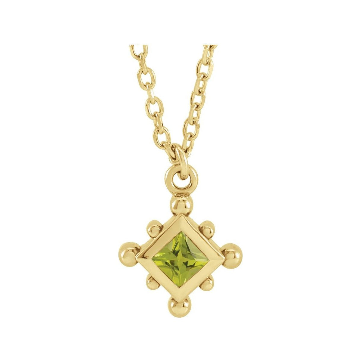 Sapphire Row Natural Gemstone Beaded Princess Bezel Necklace - Peridot, 14K Yellow Gold