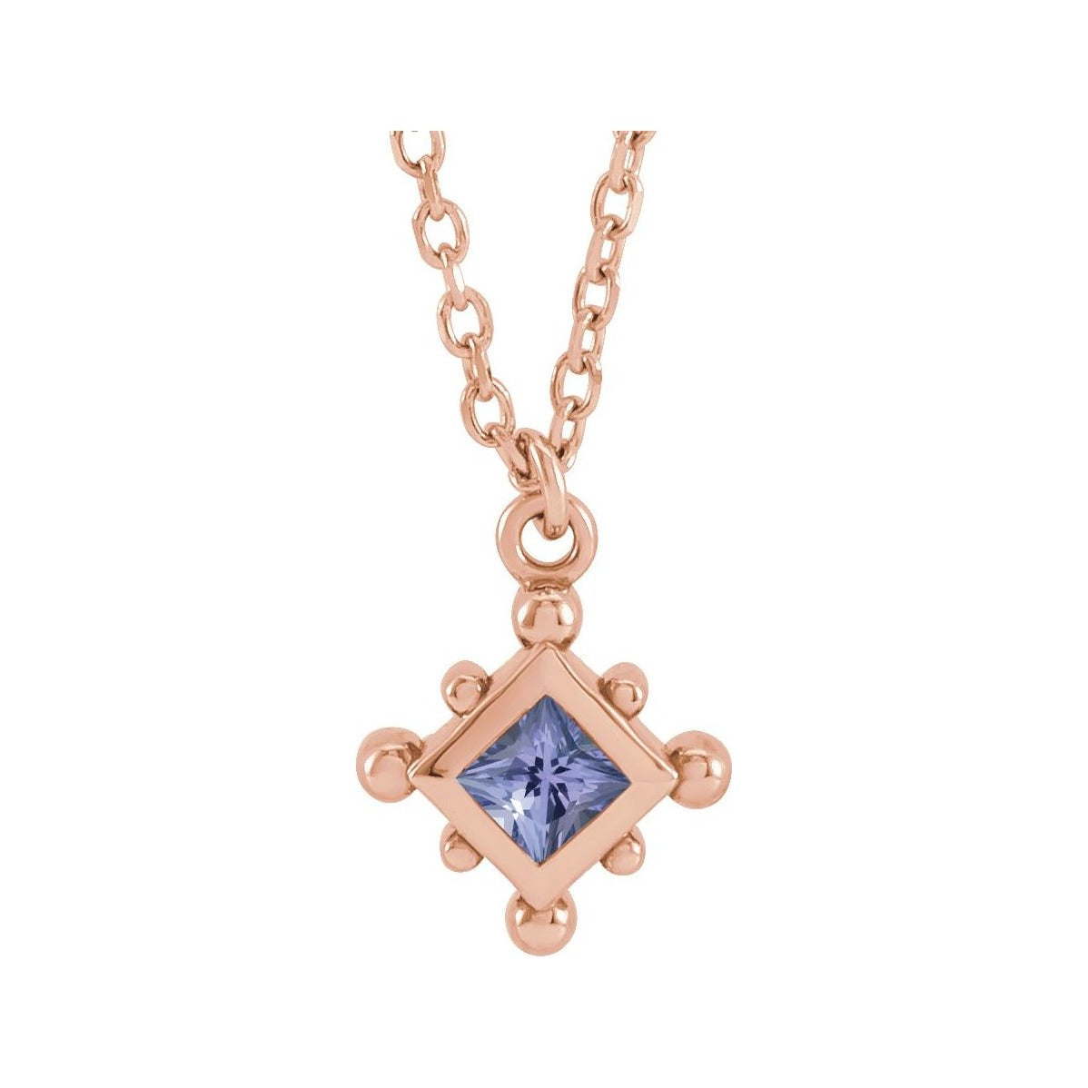 Sapphire Row Natural Gemstone Beaded Princess Bezel Necklace - Tanzanite, 14K Rose Gold
