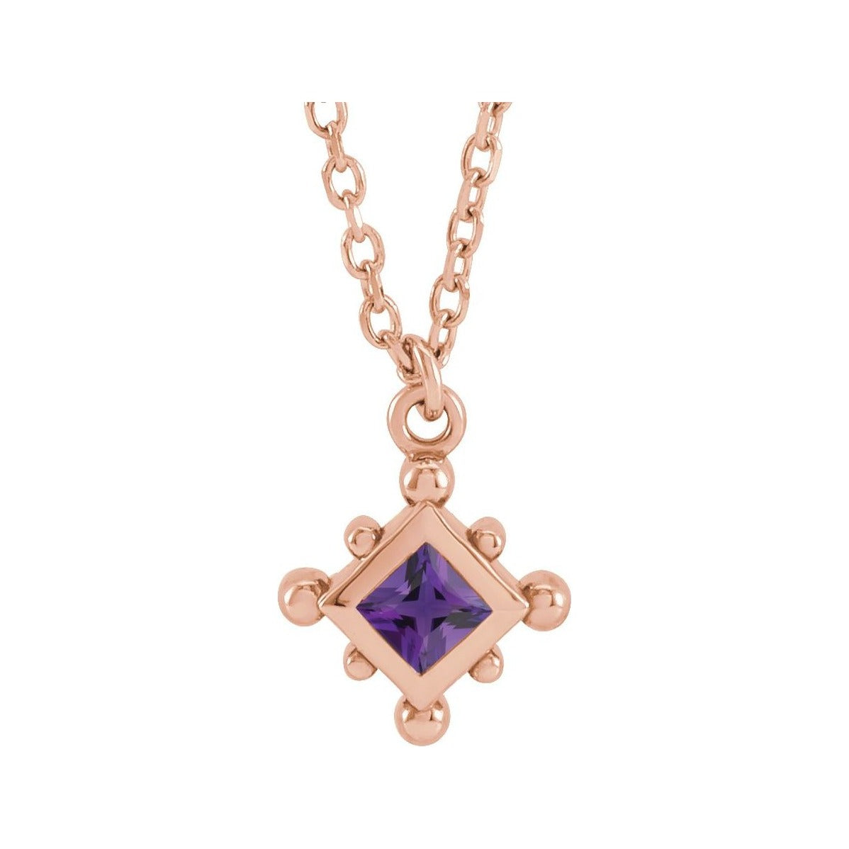 Sapphire Row Natural Gemstone Beaded Princess Bezel Necklace - Amethyst, 14K Rose Gold