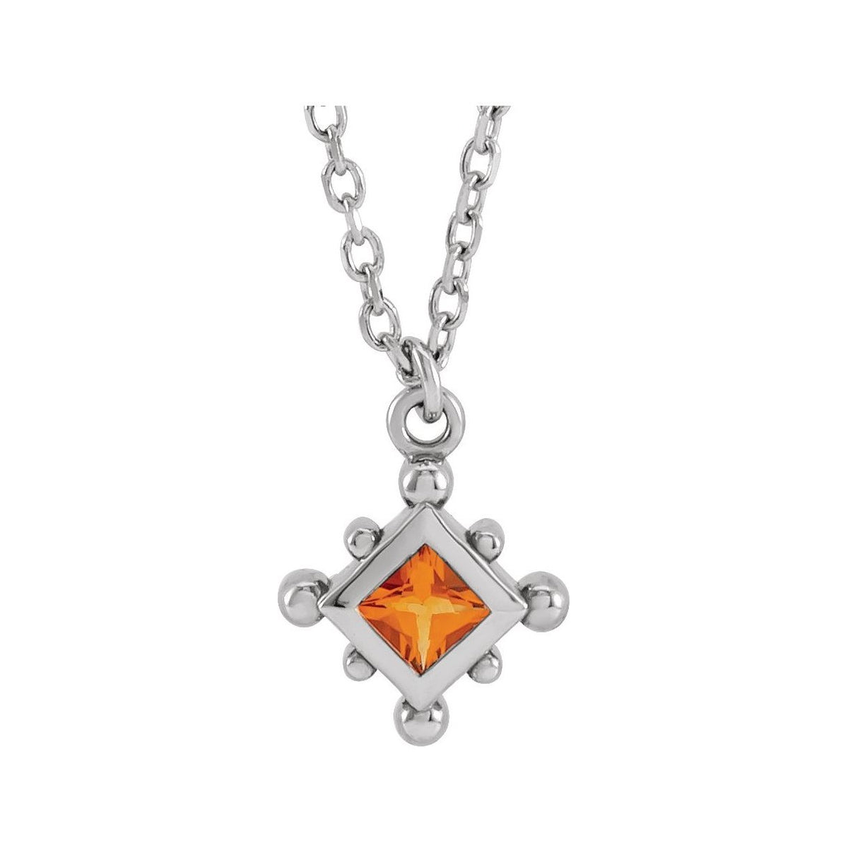 Sapphire Row Natural Gemstone Beaded Princess Bezel Necklace - Citrine, 14K White Gold