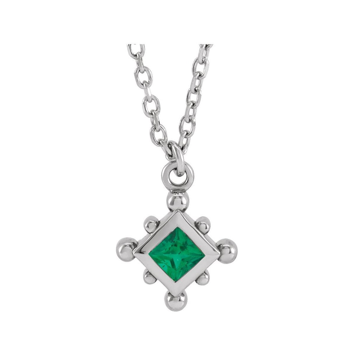 Sapphire Row Natural Gemstone Beaded Princess Bezel Necklace - Emerald, 14K White Gold