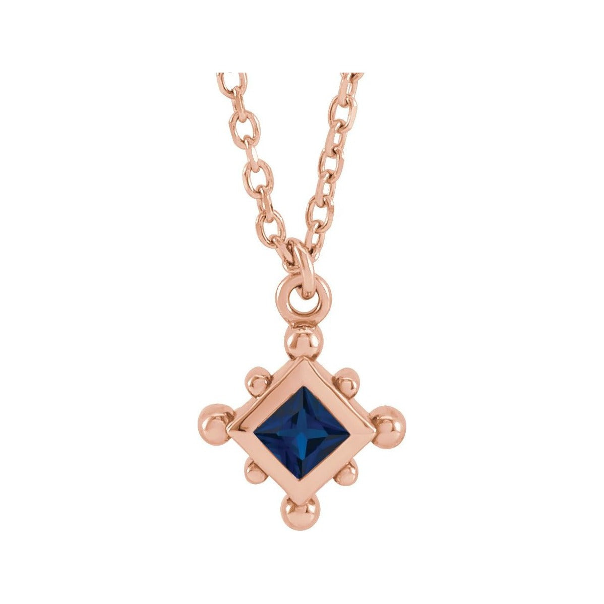 Sapphire Row Natural Gemstone Beaded Princess Bezel Necklace - Blue Sapphire, 14K Rose Gold