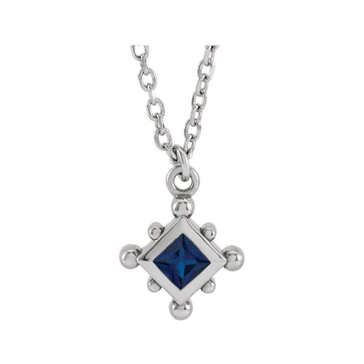 Sapphire Row Lab-Grown Gemstone Beaded Princess Bezel Necklace - Blue Sapphire, 14K White Gold