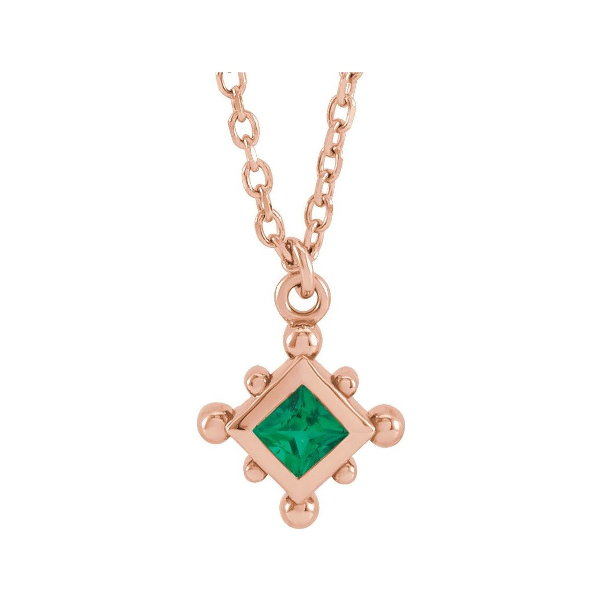 Sapphire Row Lab-Grown Gemstone Beaded Princess Bezel Necklace - Emerald, 14K Rose Gold