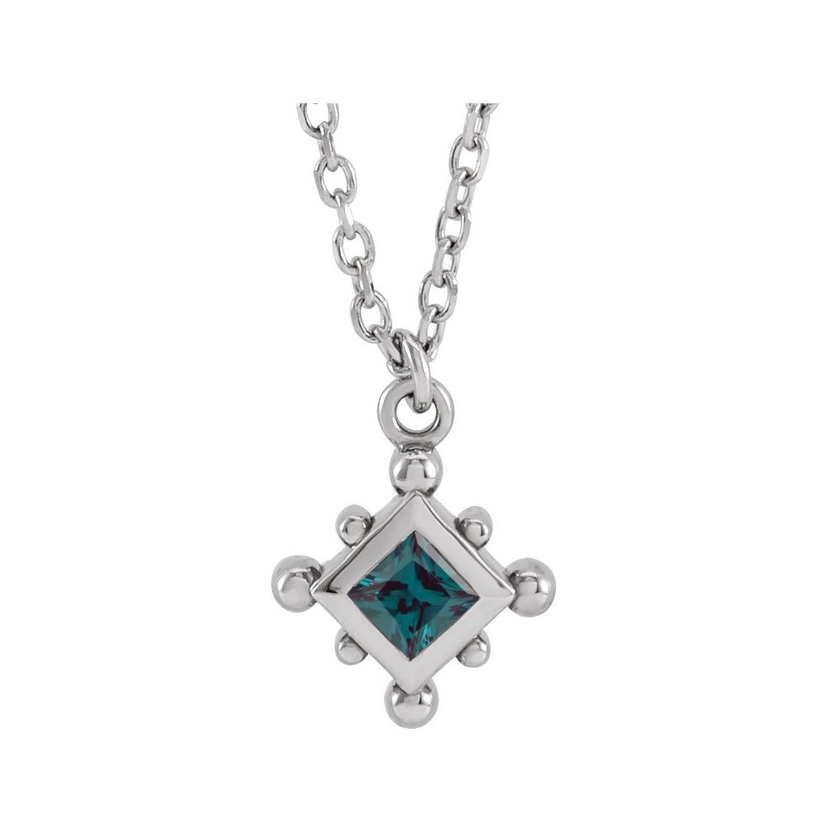 Sapphire Row Lab-Grown Gemstone Beaded Princess Bezel Necklace - Alexandrite, 14K White Gold