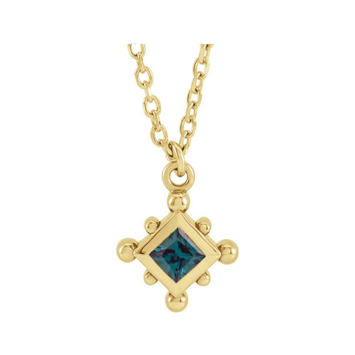 Sapphire Row Lab-Grown Gemstone Beaded Princess Bezel Necklace - Alexandrite, 14K Yellow Gold